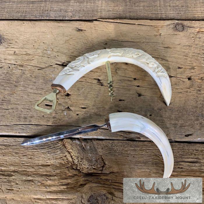 Carved Warthog Tusk Bottle And Letter Opener For Sale